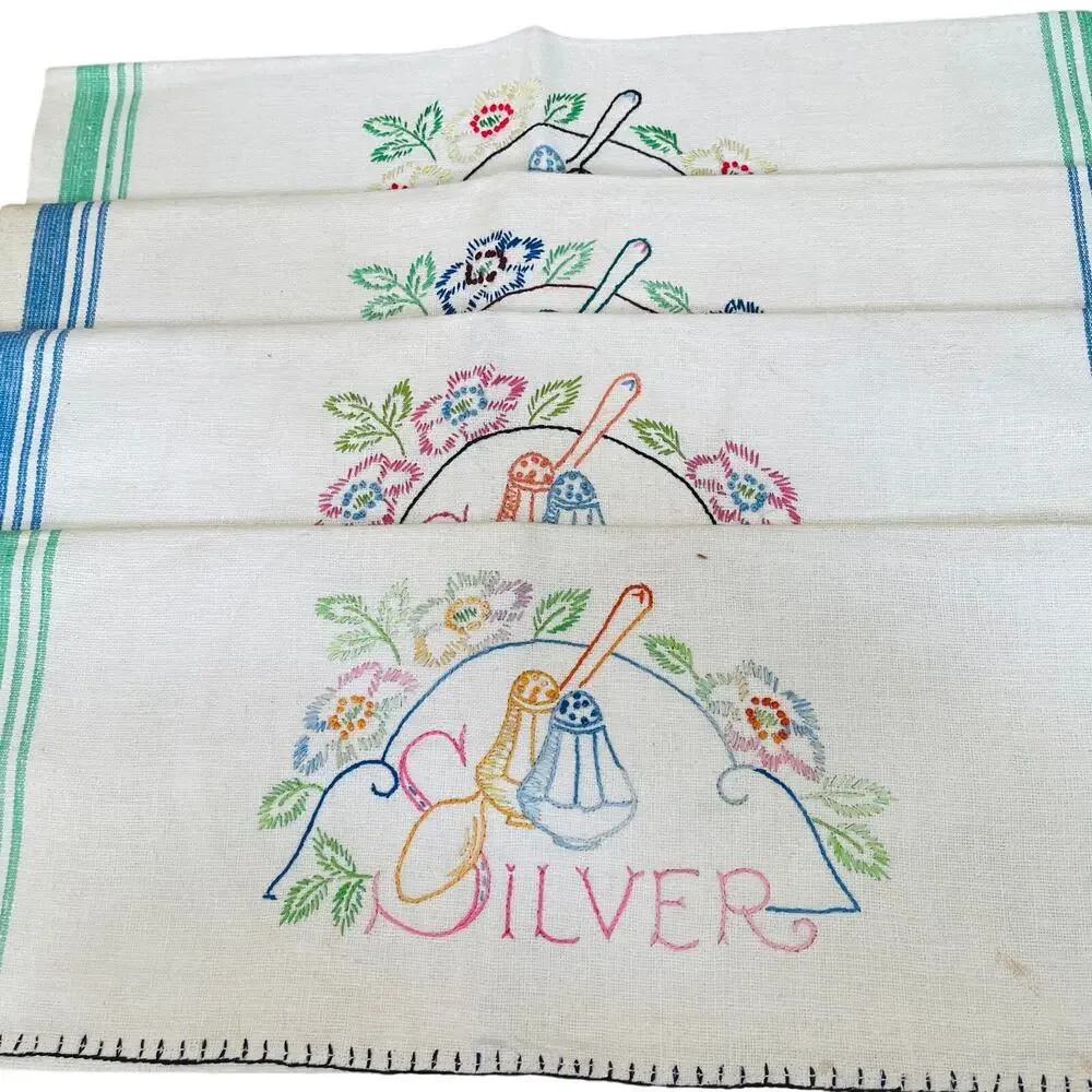 Vintage Linen Embroidered Towels Silver & Flowers Very Nice Set of 4 Cottagecore